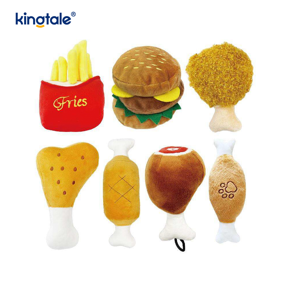 Hamburger z krzyczącą zabawką, frytki, udko z kurczaka dla kota i psa